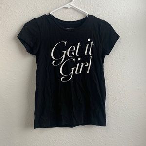 All black T-shirt with words on the front from express